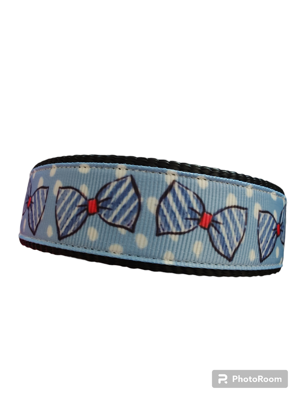 Blue Bow Ties Black Nylon Dog Collar MD, LG, XL, Leash