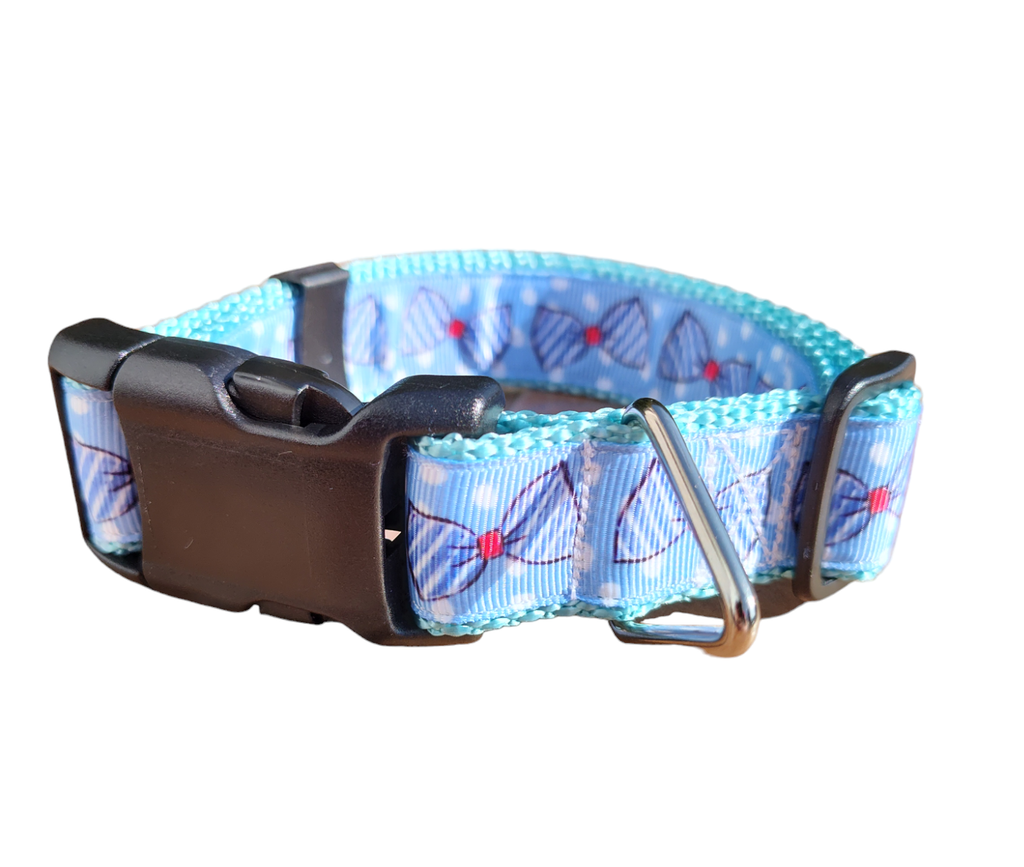Blue Bow Ties Light Blue Nylon Dog Collar MD, LG, XL, Leash, Martingale